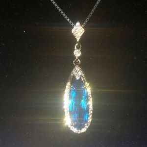 Teal Blue Teardrop Necklace Light Blue Crystal Charm Necklace Sky Blue Wedding